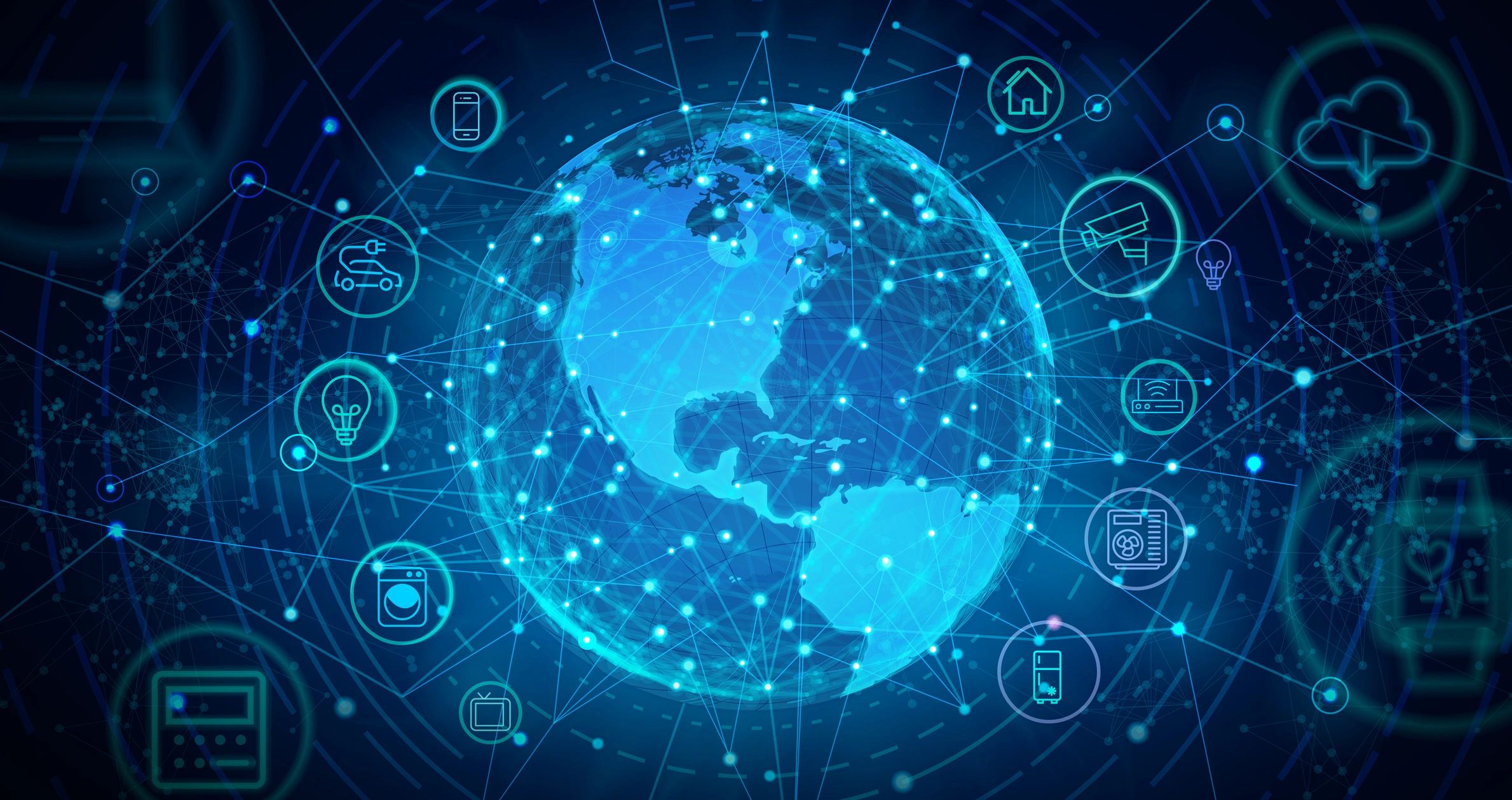 Connected devices and software symbols around a digital globe