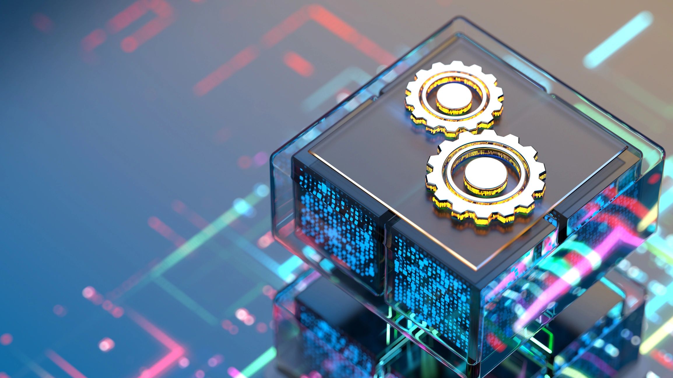 Digital gears on processor representing AI systems architecture